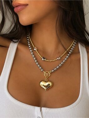 Gold & Silver Heart Pendant Layered Necklace